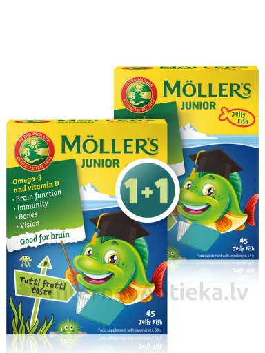 Möller′s Omega-3 Junior рыбий жир с фруктовым вкусом 1+1, 45*2 пастилок | internetaptieka.lv