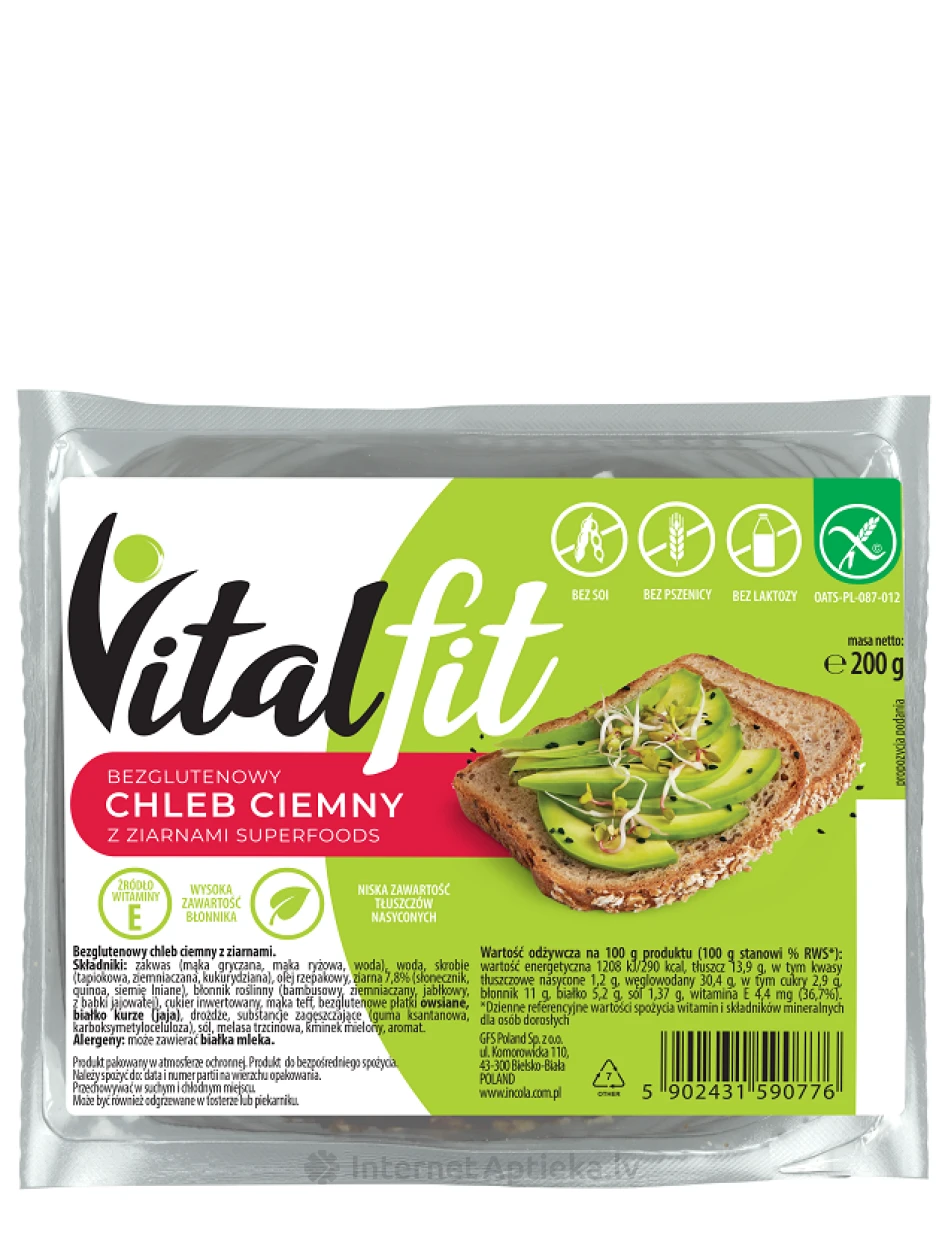 Incola Vitalfit bezglutēna tumšā pilngraudu maize, 200 g | internetaptieka.lv