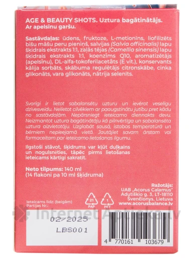 Acorus Balance AGE AND BEAUTY SHOTS, 10 ml x 14 gb. | internetaptieka.lv