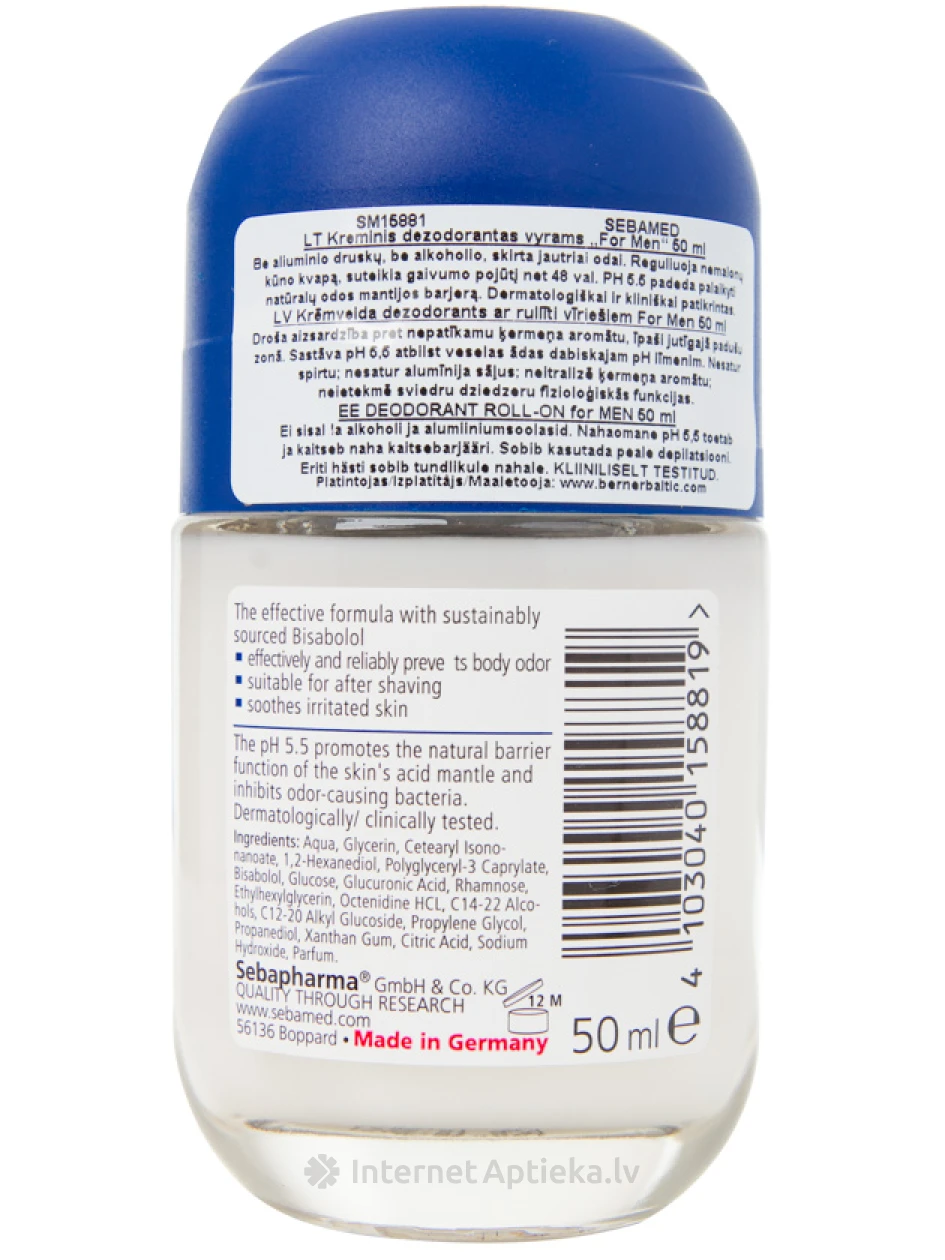 SEBAMED BALSAM dezodorants ar rullīti FOR MEN, 50 ml | internetaptieka.lv