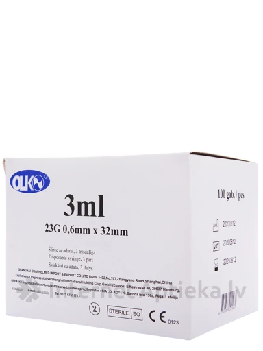 Olko Šļirce 3 ml, 23 G,  3-daļīga, ar adatu 0.6 x 32 mm, 100 gb. | internetaptieka.lv