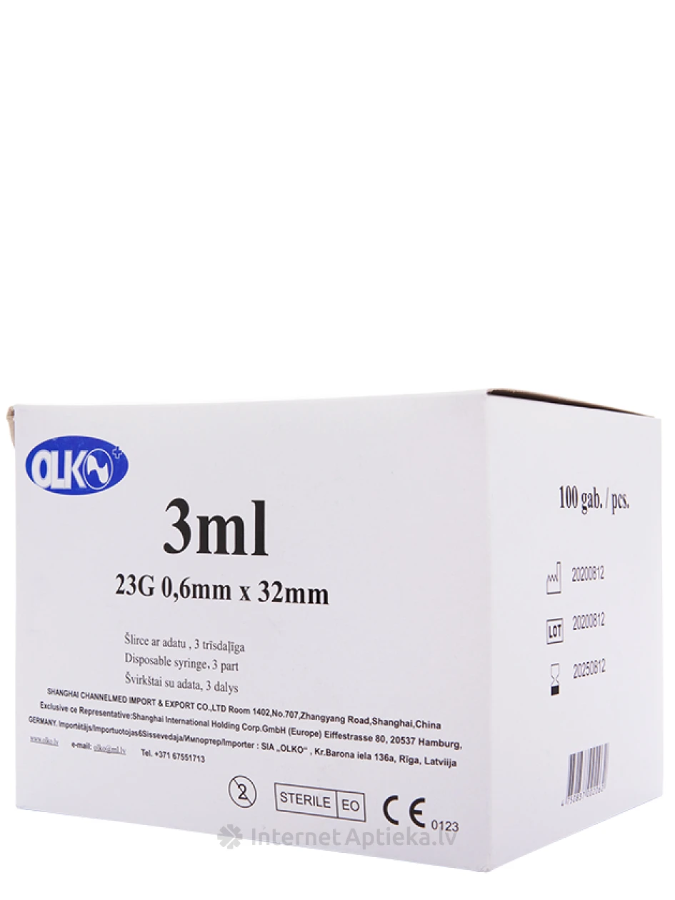 Olko Šļirce 3 ml, 23 G,  3-daļīga, ar adatu 0.6 x 32 mm, 100 gb. | internetaptieka.lv