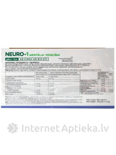 Natēja Neuro-1 Mentālai Veselībai травяной чай для ментального здоровья, 20 пакетиков | internetaptieka.lv