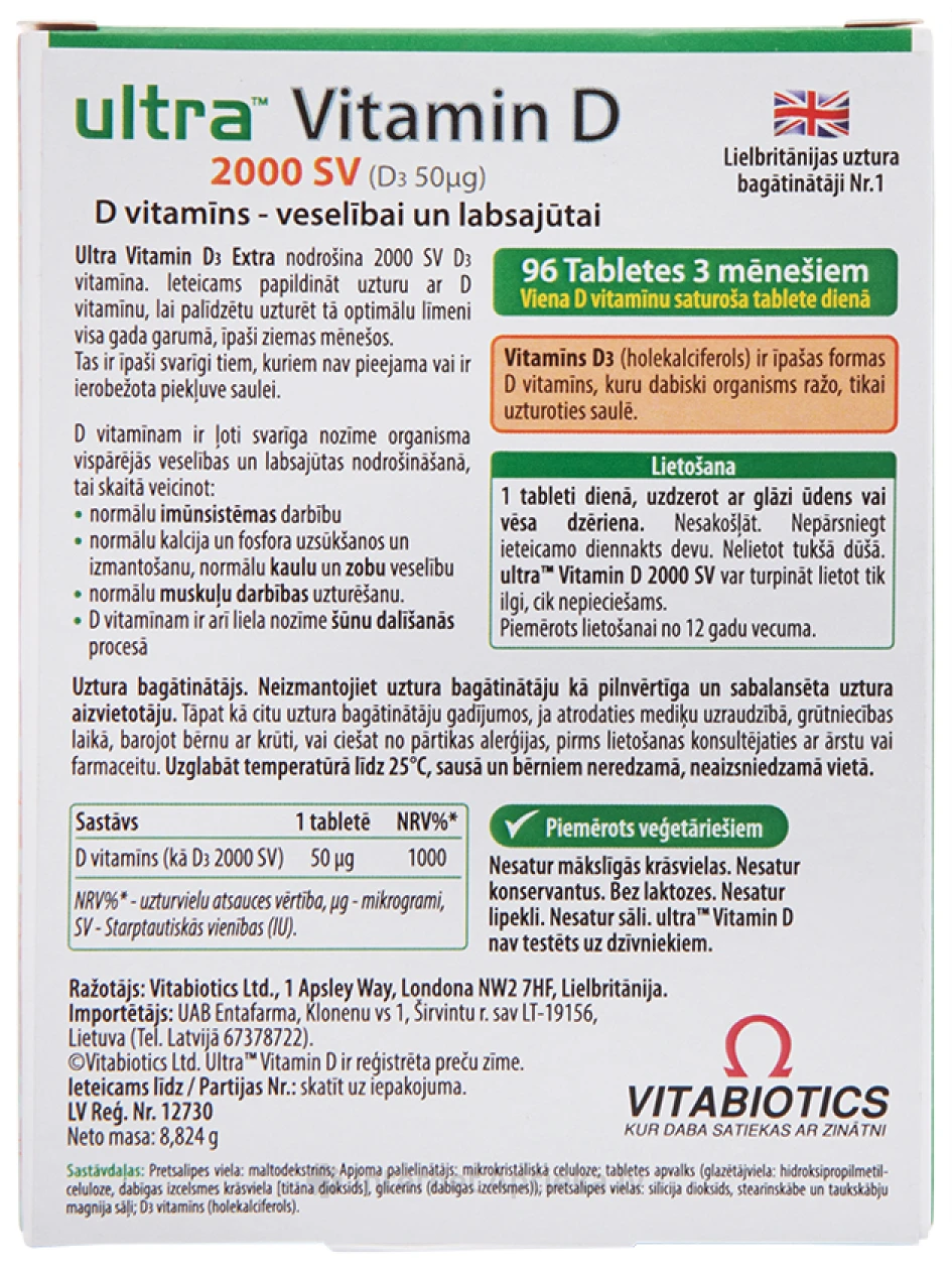 VITABIOTICS ultra Vitamin D 2000 SV, 96 tabletes | internetaptieka.lv