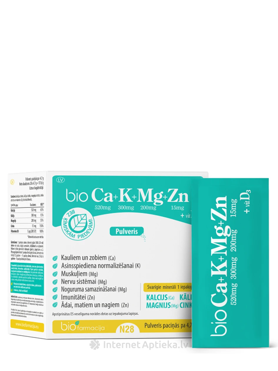 Biofarmacija Ca + K + Mg + Zn с витамином D3 (порошок), 28 пакетиков | internetaptieka.lv