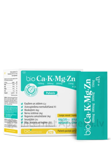 Biofarmacija Ca + K + Mg + Zn с витамином D3 (порошок), 28 пакетиков | internetaptieka.lv