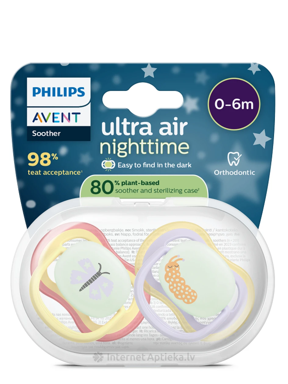 Philips Avent Соска-пустышка Ultra Air Night, 0-6 м., 2 шт. | internetaptieka.lv