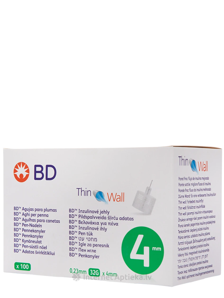 BD Thin Wall 4MM Иглы для инъекций инсулина, 0.23 мм x 4 мм, 32 г, 100 шт. | internetaptieka.lv