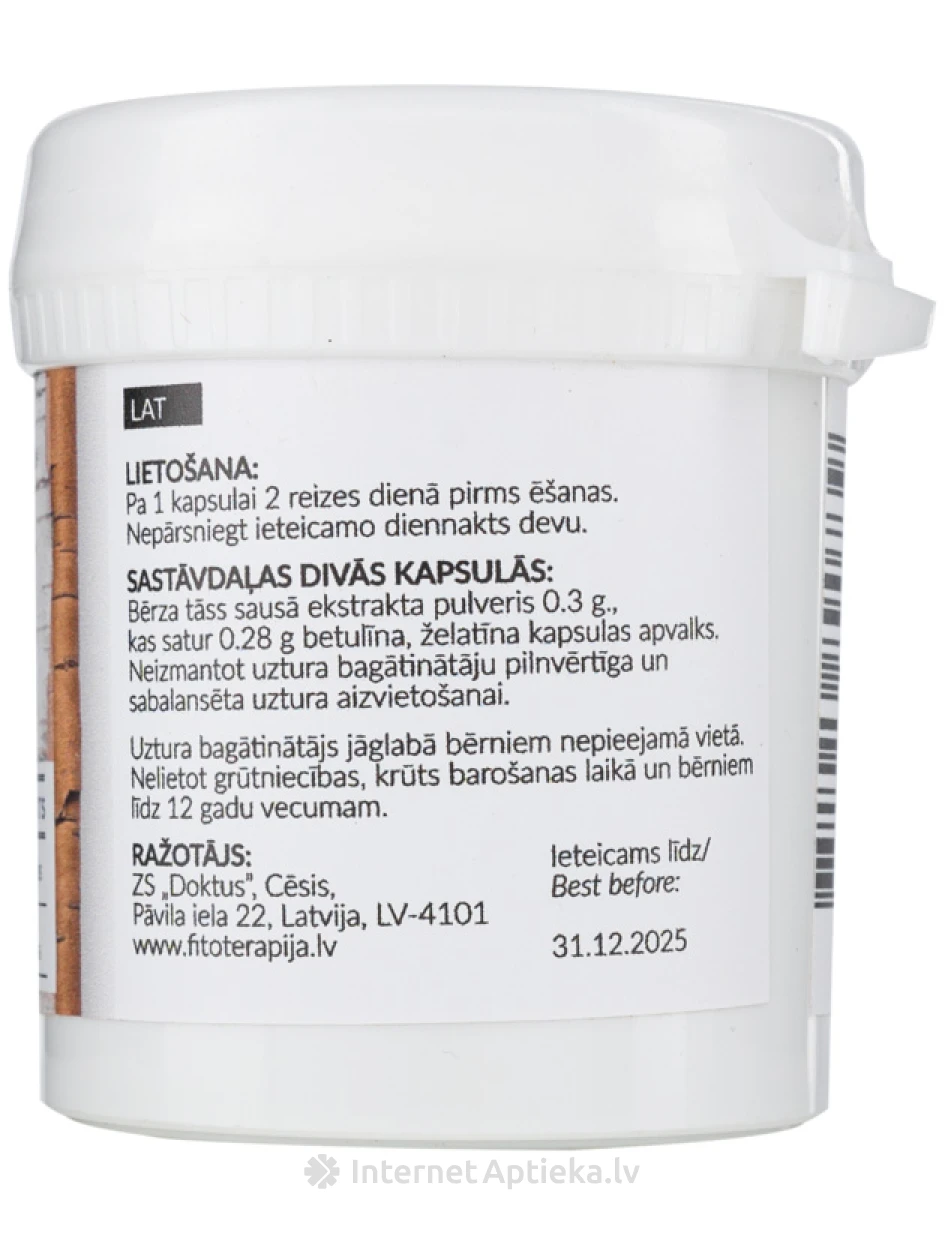 Betuliin 250mg kase kuivekstrakt, 60 kapslit | internetaptieka.lv