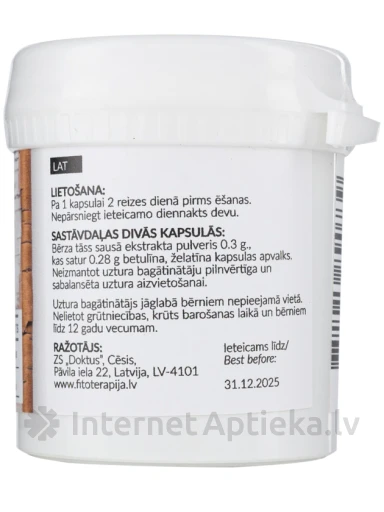 Betuliin 250mg kase kuivekstrakt, 60 kapslit | internetaptieka.lv