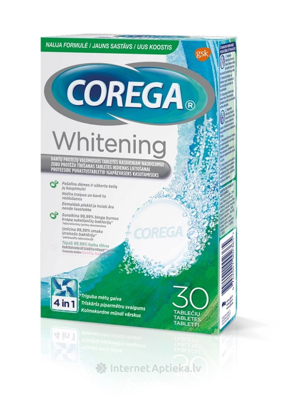 Corega Dental White для чистки зубных протезов, 30 таблеток | internetaptieka.lv