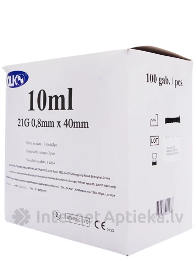 Olko Šļirce 10 ml, 21 G, 3-daļīga, ar adatu 0.8 x 40 mm, 100 gb. | internetaptieka.lv