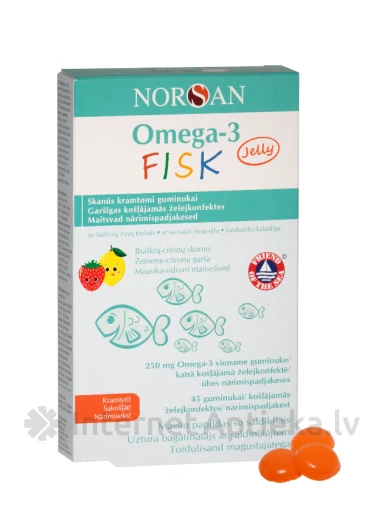NORSAN OMEGA-3 FISK JELLY ar zemeņu un citronu garšu, 45 želejkonfektes | internetaptieka.lv