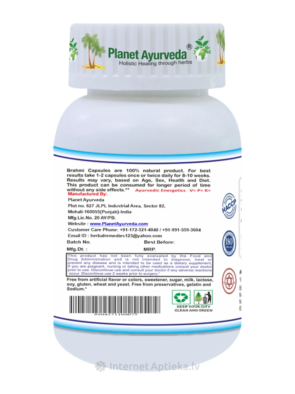 Planet Ayurveda® Organic Brahmi, 60 kapslit | internetaptieka.lv