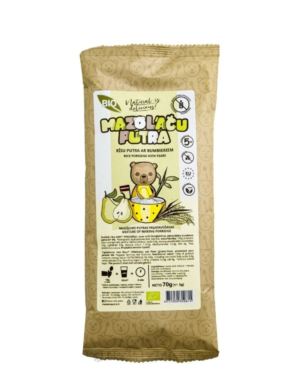 Mazo Lāču Putra Orgaaniline riisipuder pirnidega 5+ (gluteenivaba), 70 g | internetaptieka.lv
