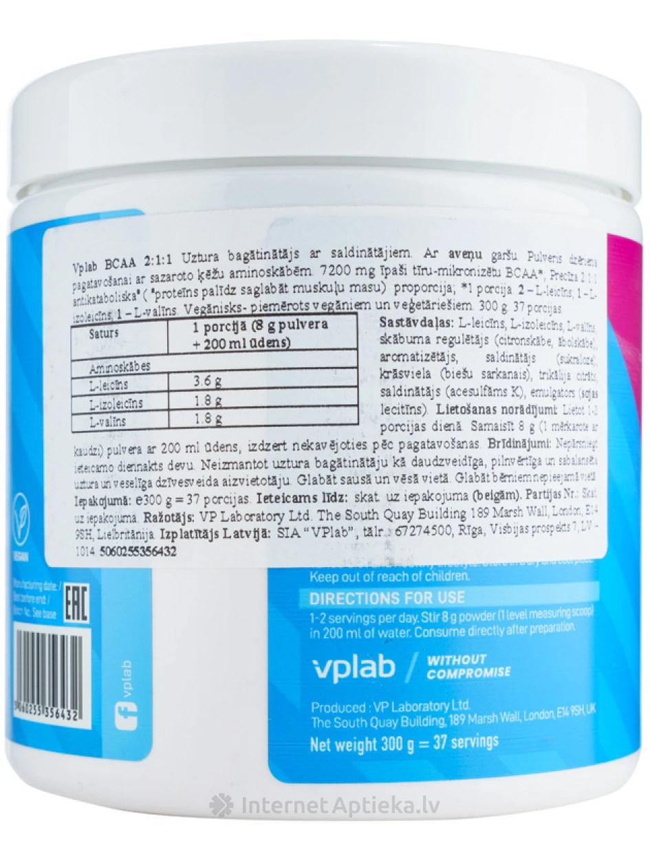 VPLAB BCAA 2:1:1 Drink Raspberry, 300 g | internetaptieka.lv