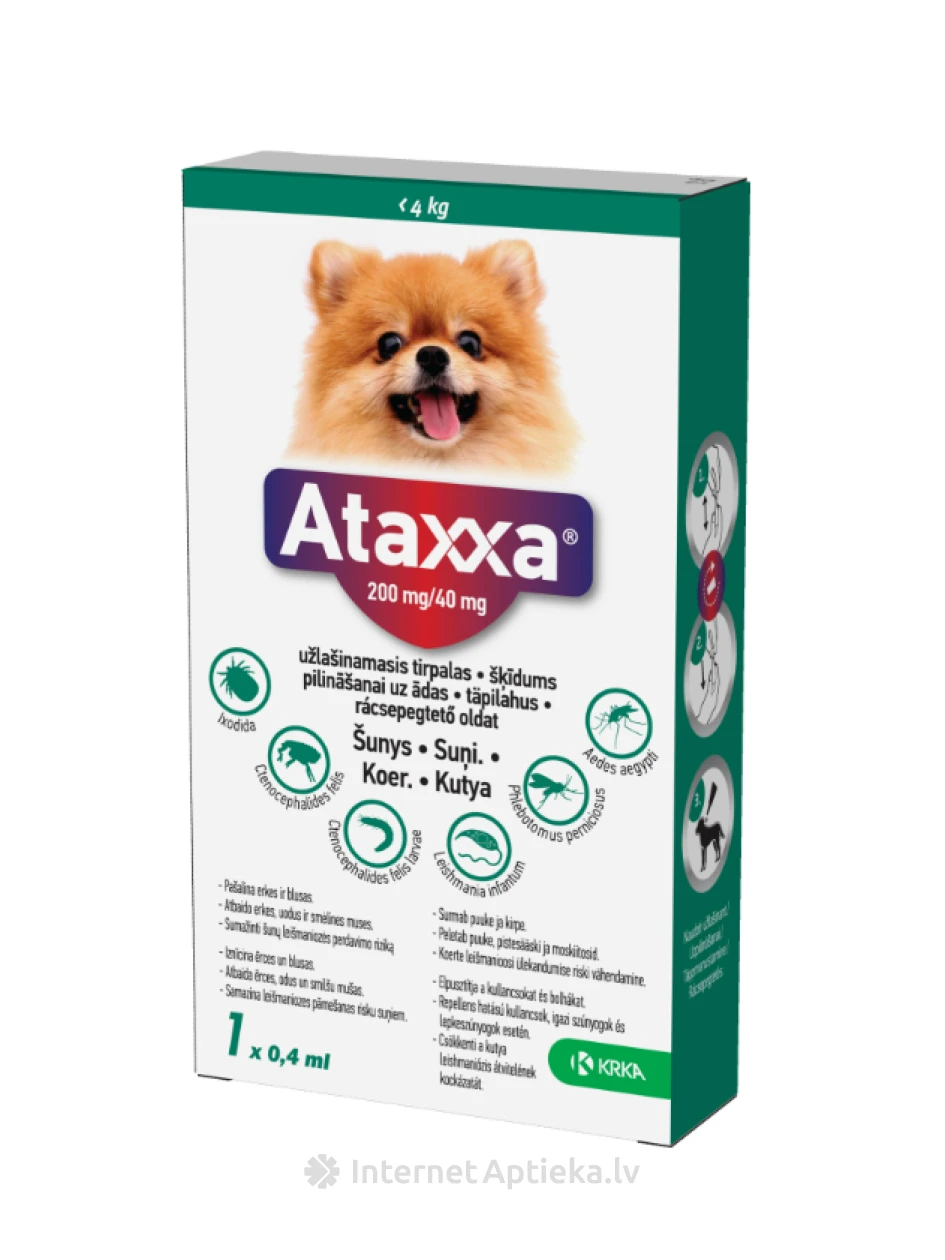 Ataxxa 200/40мг жидкость 0,4мл для собак до 4кг, 1 шт. | internetaptieka.lv