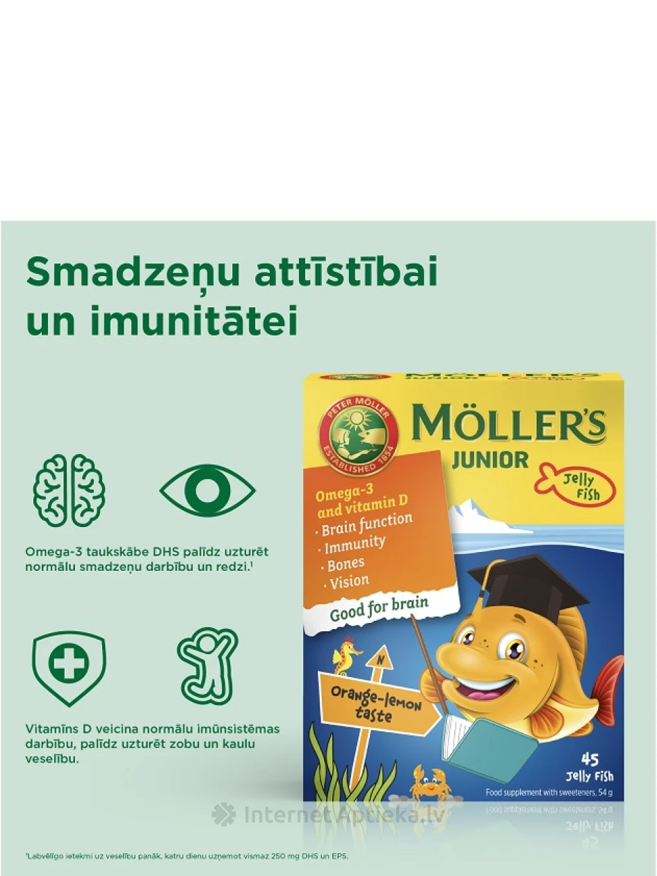 Moller’s Omega-3 Junior рыбий жир для детей, с апельсиново-лимонным вкусом, 45 капсул | internetaptieka.lv