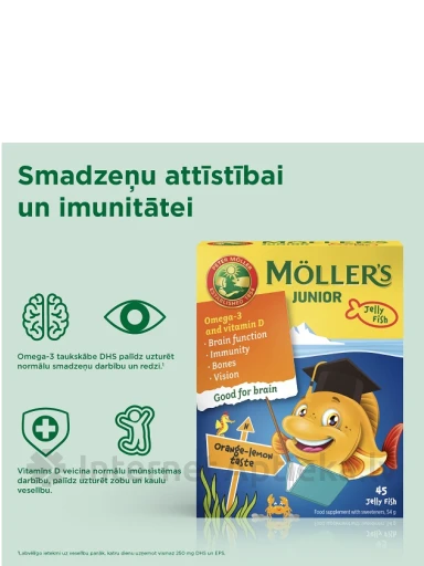 MÖLLER'S JUNIOR želejas zivtiņas (apelsīnu-citronu) pastilās, 45 gab | internetaptieka.lv