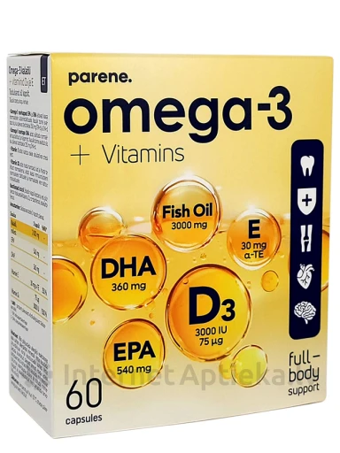 Omega-3 + vitamīni D3+E Parene, 60 kapsulas | internetaptieka.lv
