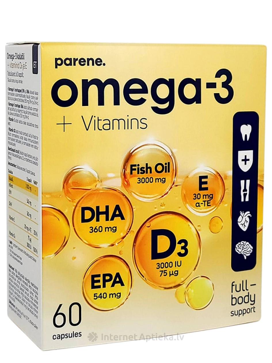 Omega-3 + vitamīni D3+E Parene, 60 kapsulas | internetaptieka.lv