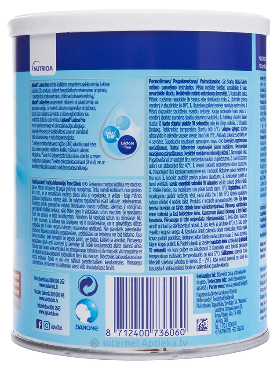 Aptamil LACTOSE FREE искусственная молочная смесь с рождения, без лактозы, 400 г | internetaptieka.lv