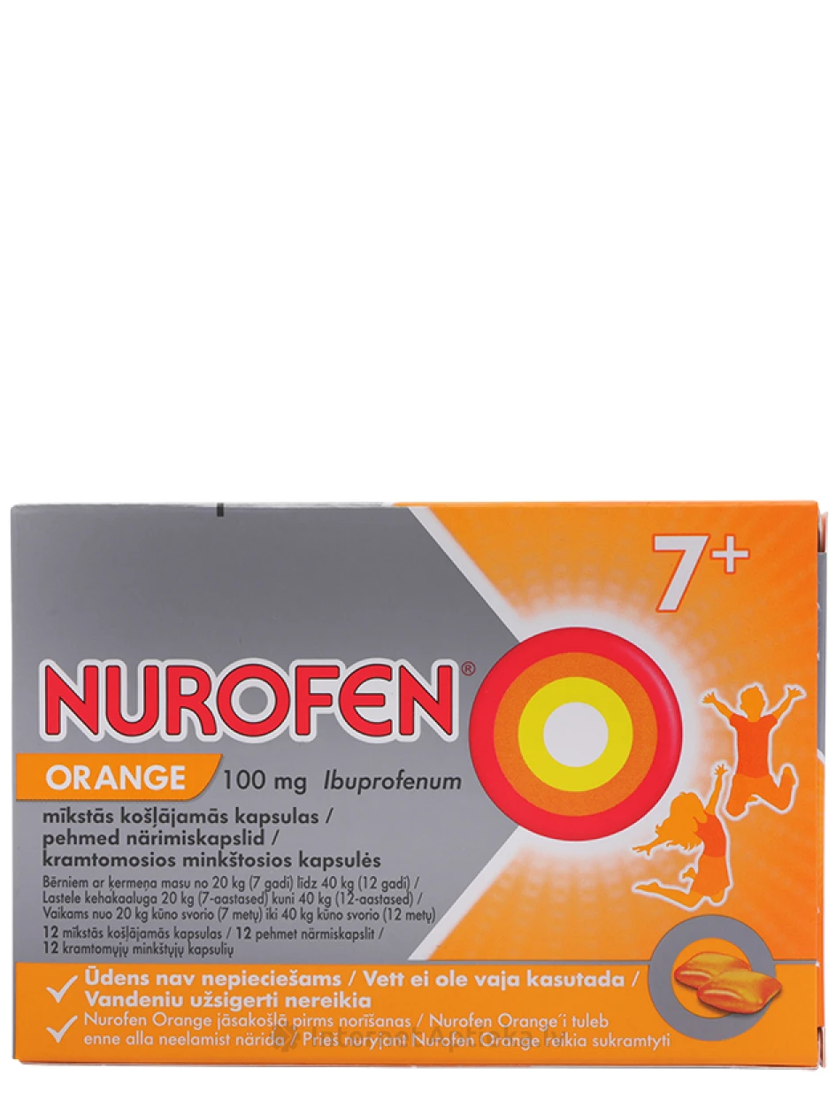 Nurofen Orange для детей 100 мг, с апельсиновым вкусом, 12 жевательных капсул | internetaptieka.lv
