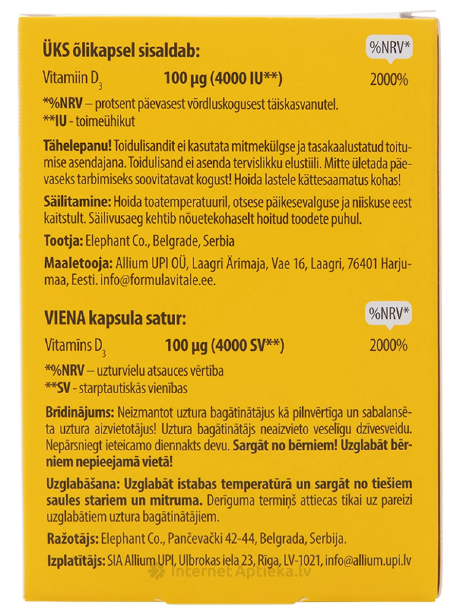 Formula Vitale vitamiin D (100 mcg) päikesepärlid, 120 kapslit | internetaptieka.lv