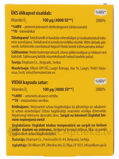 Formula Vitale D vitamīns 4000, 120 kapsulas | internetaptieka.lv