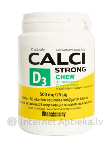 Calci Strong + D3 Chew жевательные таблетки со вкусом лимона, 120 таблеток | internetaptieka.lv