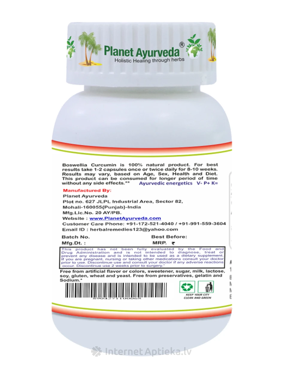 Planet Ayurveda® Bosvēlija-kurkumīns Organic, 60 kapsulas | internetaptieka.lv