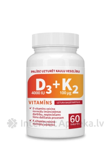 D3-vitamiin 4000 RÜ + K2-vitamiin 100 µg, 60 tabletti | internetaptieka.lv