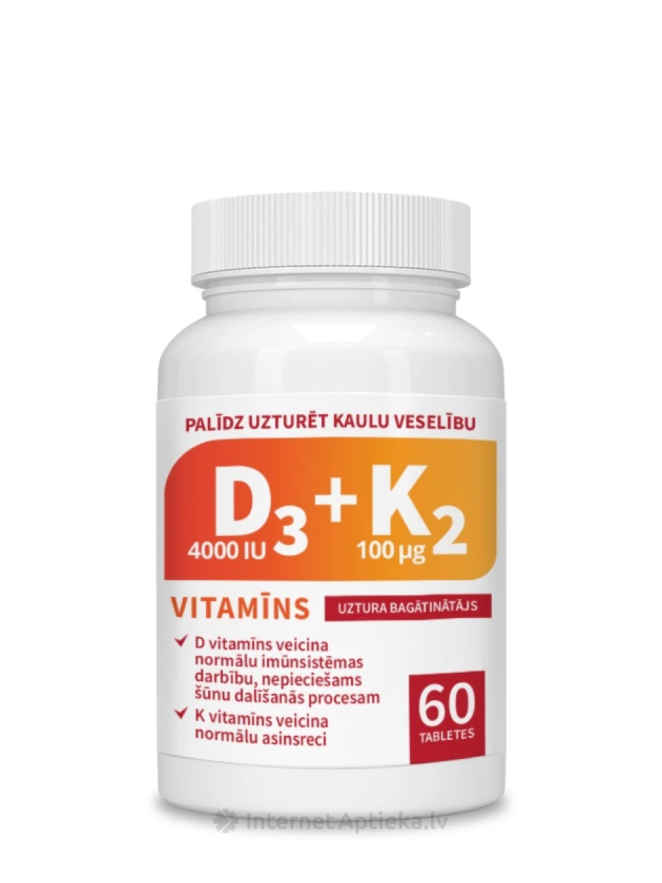D3-vitamiin 4000 RÜ + K2-vitamiin 100 µg, 60 tabletti | internetaptieka.lv