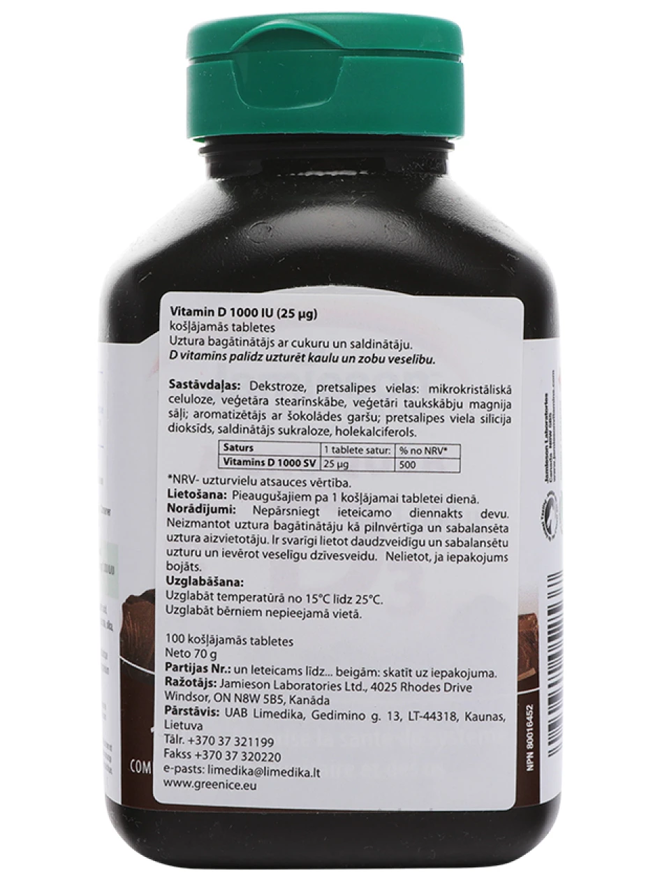 Jamieson D-vitamiin 25 mcg, 100 närimiskapslit | internetaptieka.lv