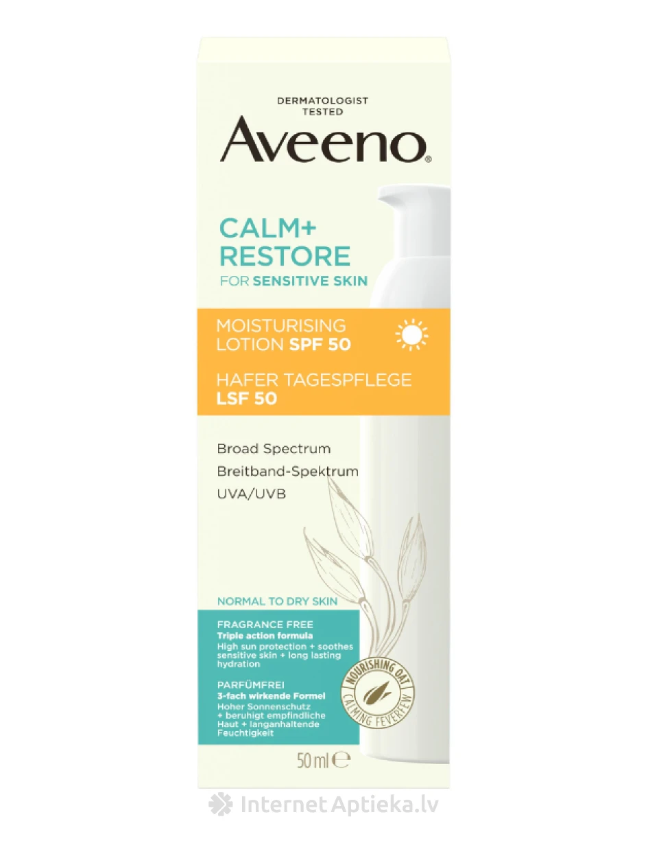 AVEENO Calm+Restore mitrinošs losjons SPF 50, 50 ml | internetaptieka.lv