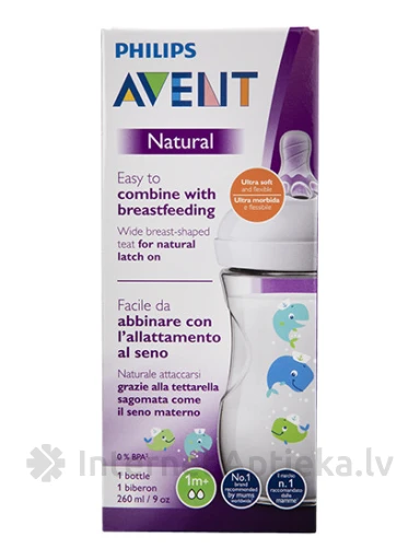 Philips Avent бутылочка Natural Whale 1M+, 260 мл | internetaptieka.lv