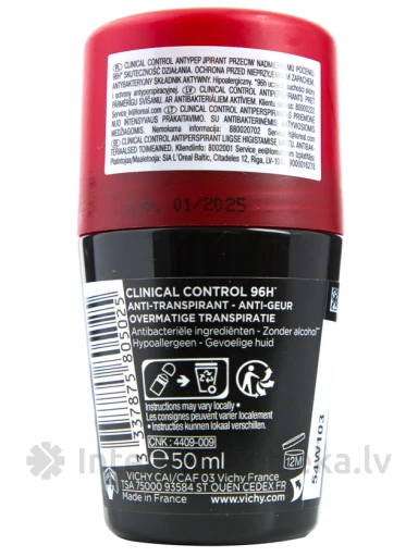 Vichy Homme Deo Roll Clinical control vīriešiem 96 st., 50 ml | internetaptieka.lv