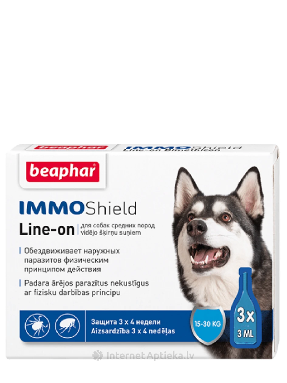 Beaphar IMMO SHIELD Pilieni pret blusām un ērcēm suņiem M, 3*3 ml | internetaptieka.lv