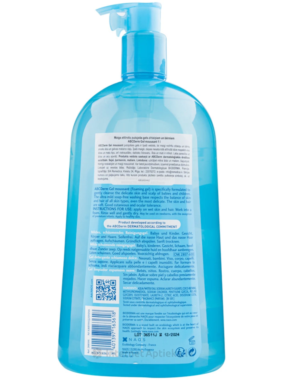 Bioderma ABCderm puhastus, vahutav geel beebidele ja lastele, 1 liiter | internetaptieka.lv