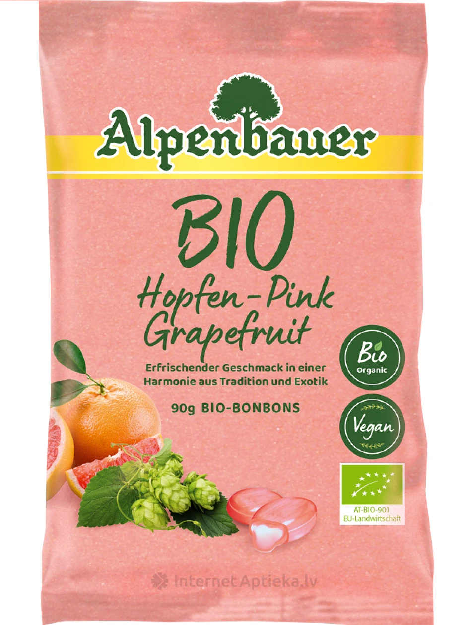 Alpenbauer BIO  apiņu-rozā greipfrūta karameles, 90 g | internetaptieka.lv