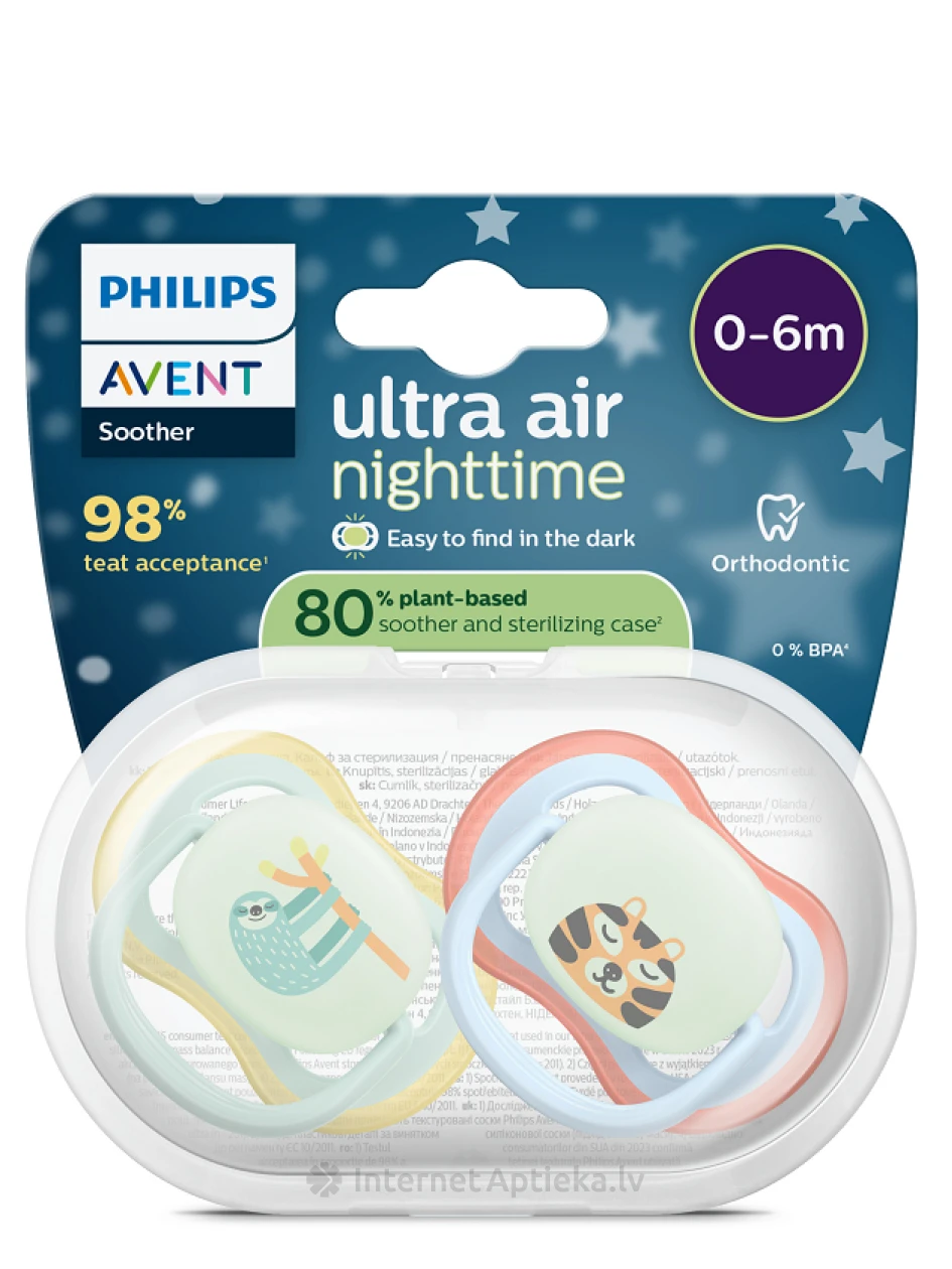 Philips Avent Соска-пустышка Ultra Air Night 0-6 месяцев, 2 шт. | internetaptieka.lv