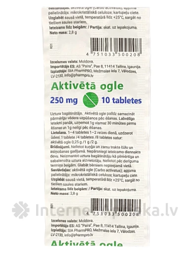 Активированный уголь 250мг, 10 шт | internetaptieka.lv