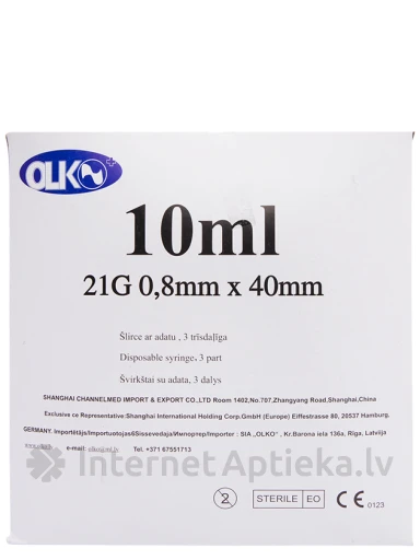 Olko Šļirce 10 ml, 21 G, 3-daļīga, ar adatu 0.8 x 40 mm, 100 gb. | internetaptieka.lv