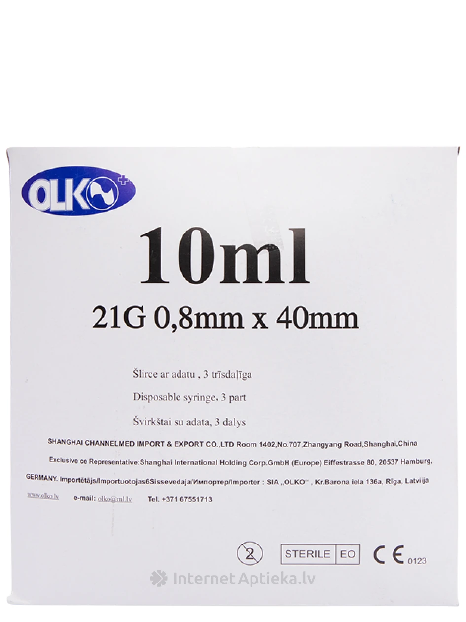 Olko Šļirce 10 ml, 21 G, 3-daļīga, ar adatu 0.8 x 40 mm, 100 gb. | internetaptieka.lv