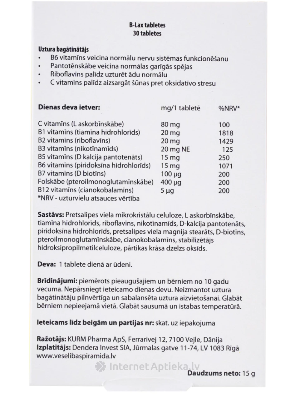 Veselības Piramīda B-Lax, 30 tabletes | internetaptieka.lv