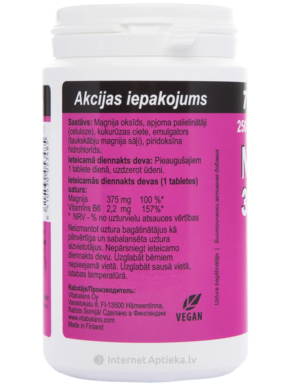 Magneesium 375 mg + B6, 250 tabletti | internetaptieka.lv