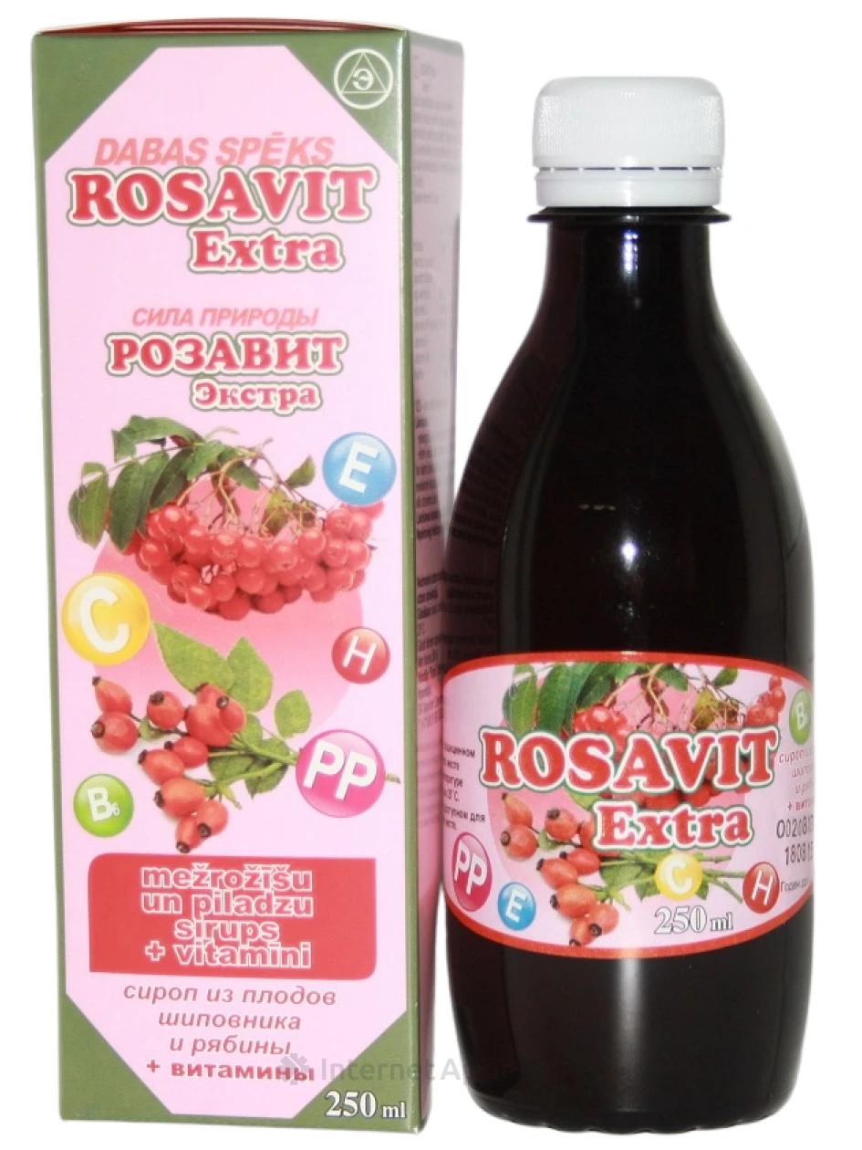 Rosavit Extra sīrups mežrozīšu un pīlādžu ekstrakts, B1, B6, 250 ml | internetaptieka.lv