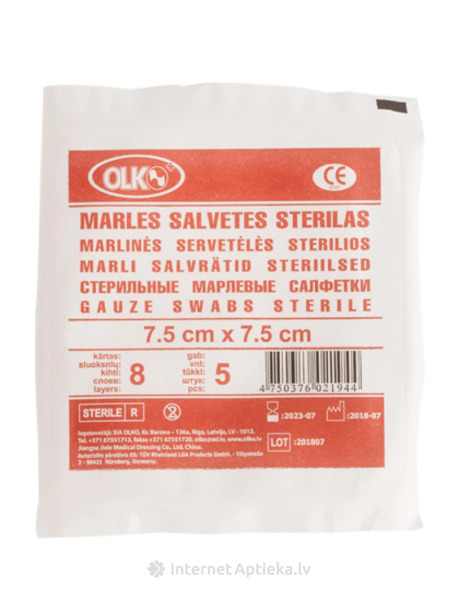 Olko sterilas marles salvetes, 7.5 cm x 7.5 cm, 5 gab. | internetaptieka.lv