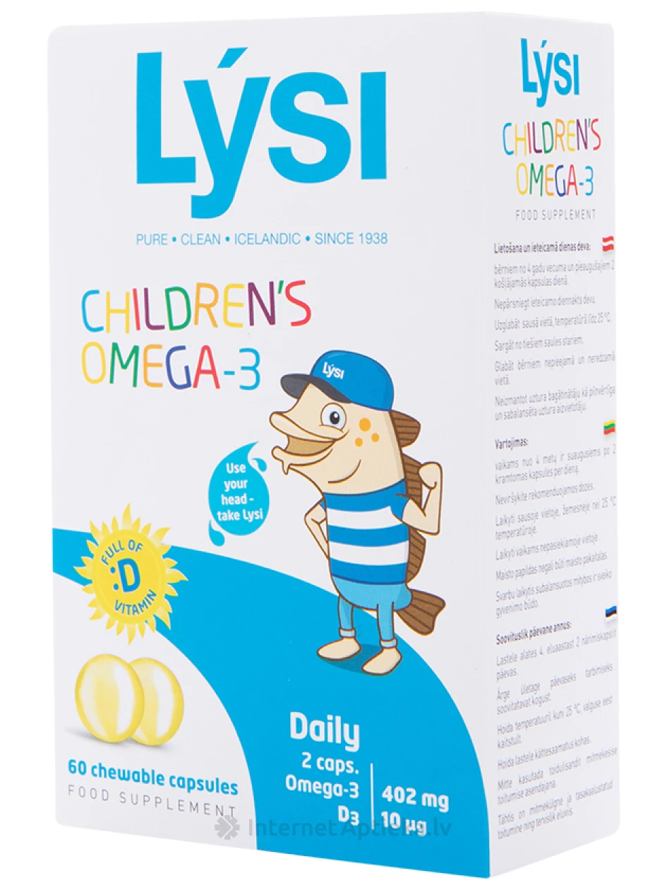 Lysi children Omega-3 zivju eļļa ģimenei, augļu garša, 60 košļājamās kapsulas | internetaptieka.lv