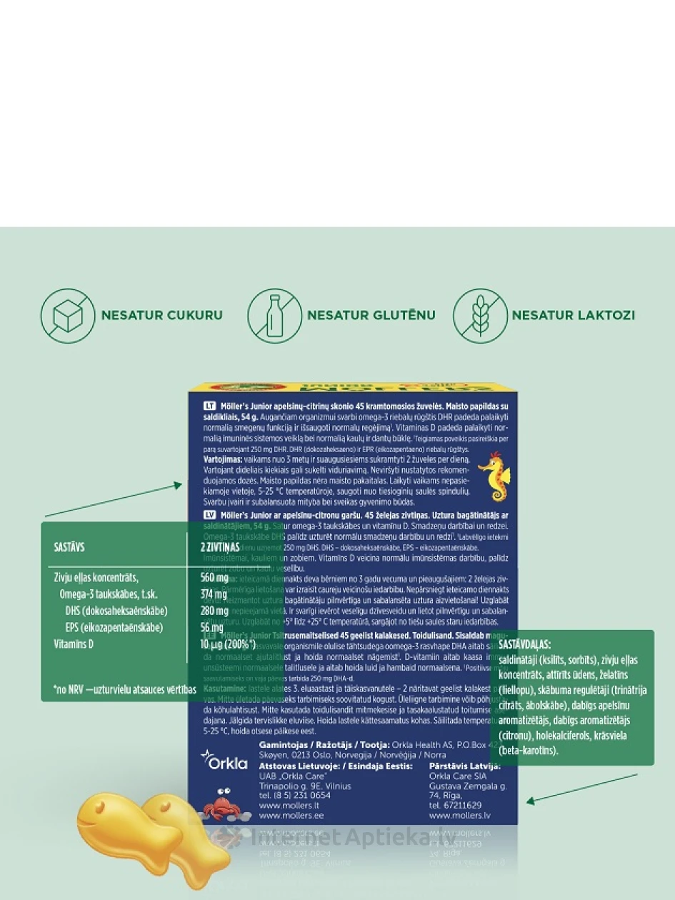 Moller’s Omega-3 Junior рыбий жир для детей, с апельсиново-лимонным вкусом, 45 капсул | internetaptieka.lv
